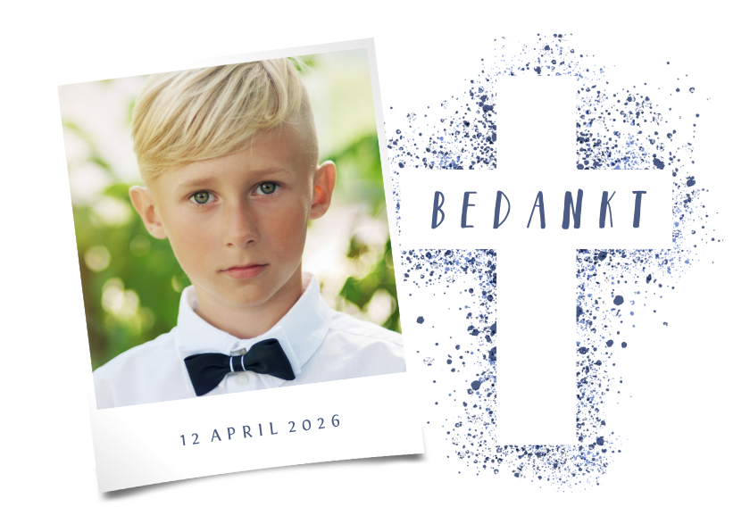 Bedankkaartje communie kruis foto verfspetters - Communiekaarten Communiekaarten - Bedankkaartje communie kruis foto verfspetters