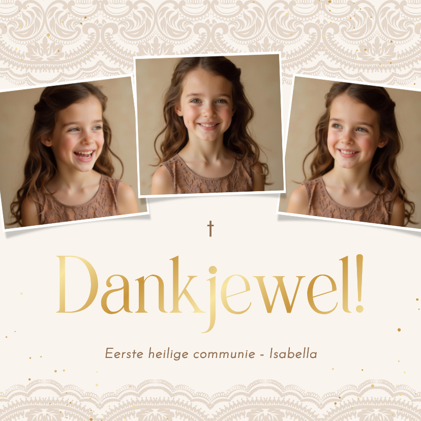 Bedankkaartje communie met beige kant en gouden spetters - Communiekaarten Communiekaarten - Bedankkaartje communie met beige kant en gouden spetters