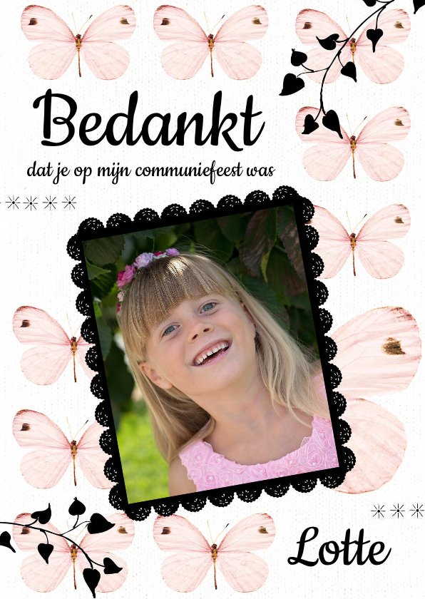 Bedankkaartje Eerste Communie met lieve roze vlinders - Communiekaarten Communiekaarten - Bedankkaartje Eerste Communie met lieve roze vlinders