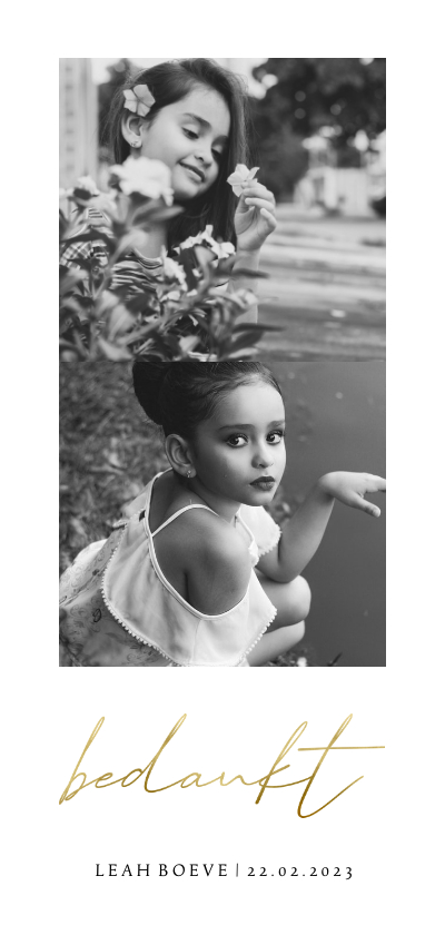 Bedankkaartje simpel met 2 foto's en goudlook bedankt - Communiekaarten Communiekaarten - Bedankkaartje simpel met 2 foto's en goudlook bedankt