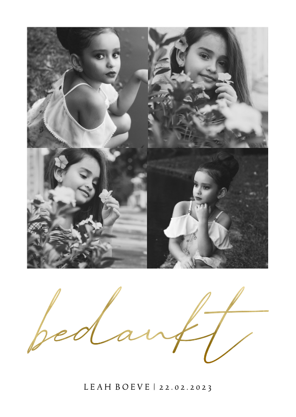 Bedankkaartje simpel met fotocollage en goudlook bedankt - Communiekaarten Communiekaarten - Bedankkaartje simpel met fotocollage en goudlook bedankt