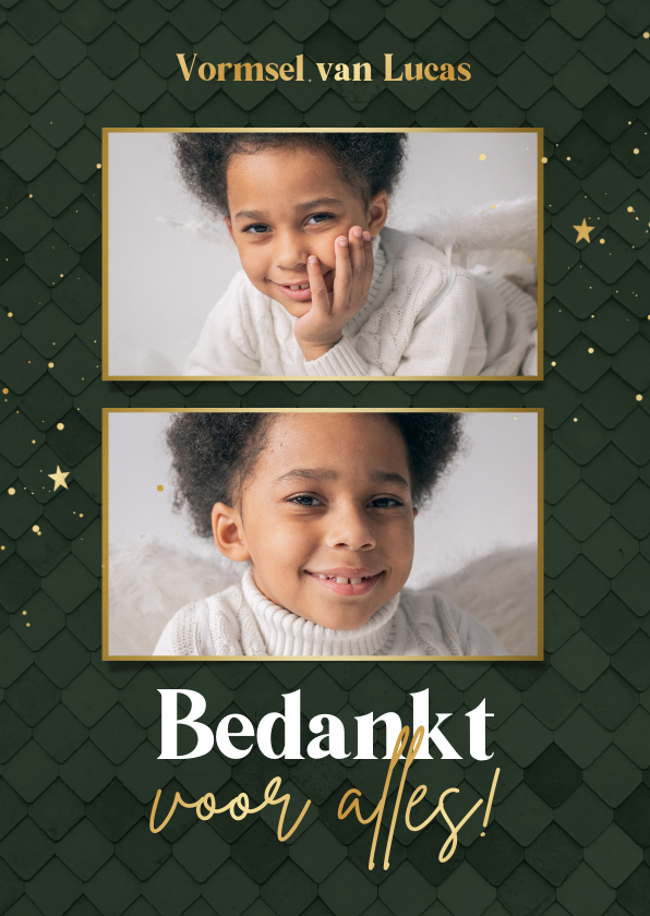 Bedankkaartje Vormsel groen met patroon en foto's - Communiekaarten Communiekaarten - Bedankkaartje Vormsel groen met patroon en foto's
