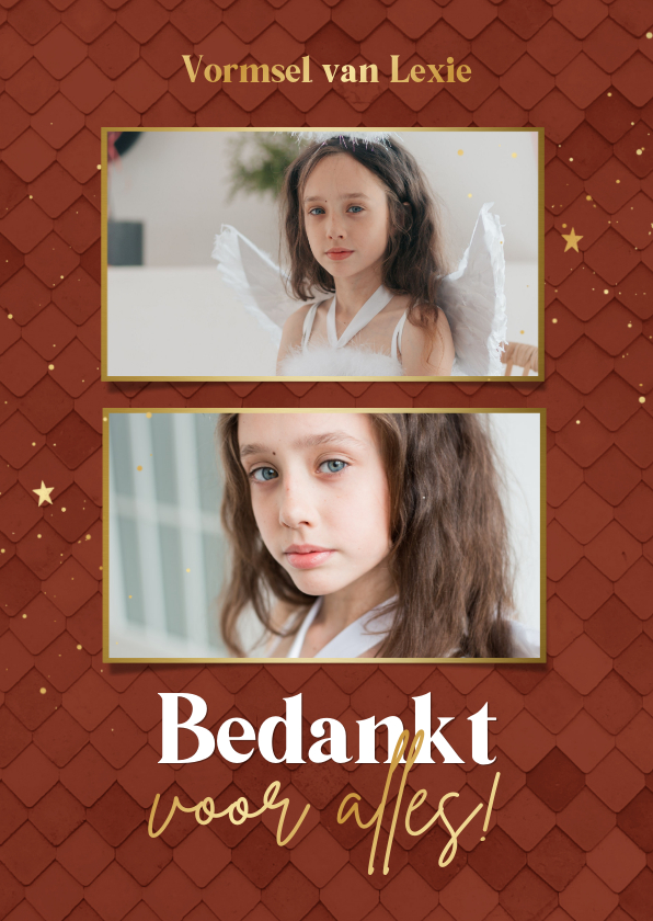 Bedankkaartje Vormsel roestbruin met patroon en foto's - Communiekaarten Communiekaarten - Bedankkaartje Vormsel roestbruin met patroon en foto's