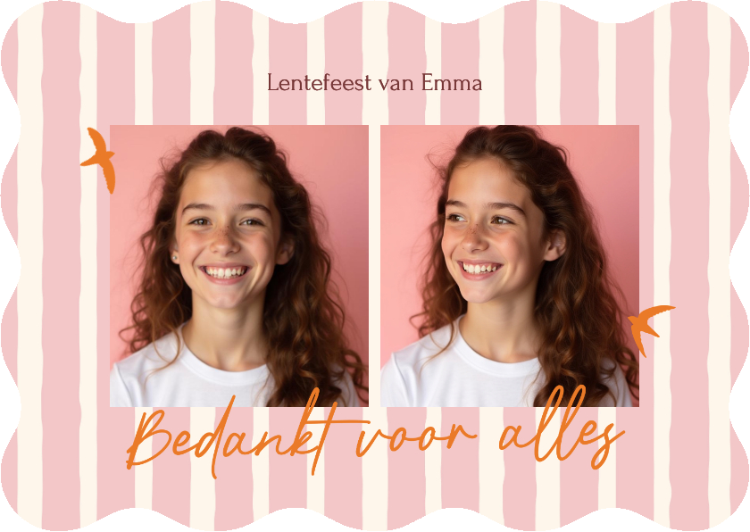 Bedankt lentefeest roze streep met oranje vogeltjes golfvorm - Communiekaarten Communiekaarten - Bedankt lentefeest roze streep met oranje vogeltjes golfvorm