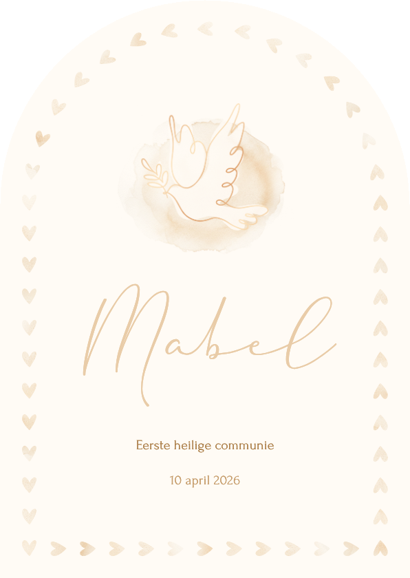 Communiekaarten - Boogvormig communiekaartje met duif en kader van hartjes