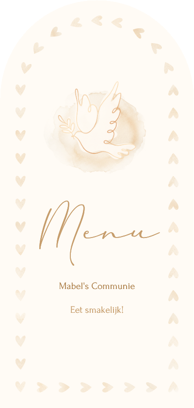 Boogvormig menukaartje met duif en kader van hartjes - Communiekaarten Communiekaarten - Boogvormig menukaartje met duif en kader van hartjes