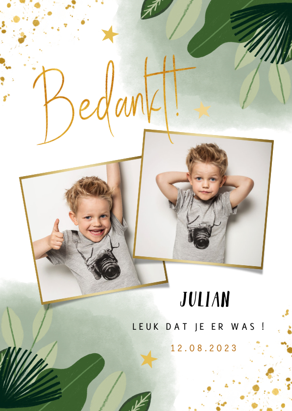 Communie bedankkaart hip met planten foto's en goud spetters - Communiekaarten Communiekaarten - Communie bedankkaart hip met planten foto's en goud spetters