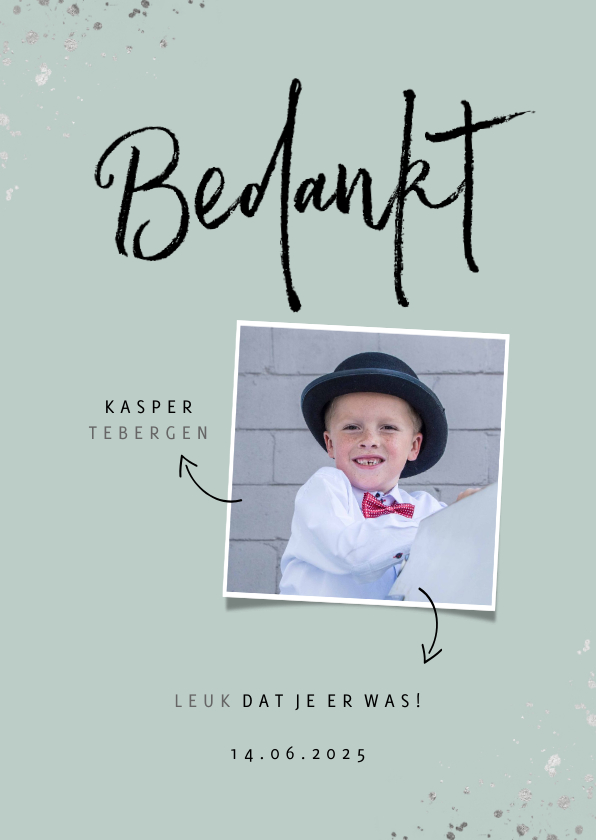 Communie bedankkaart hip met zilveren spetters en foto - Communiekaarten Communiekaarten - Communie bedankkaart hip met zilveren spetters en foto