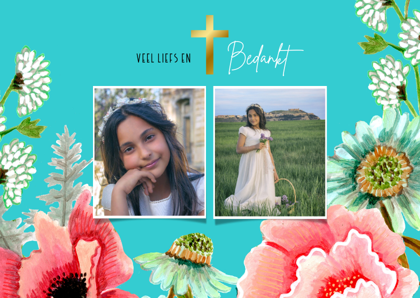 Communie bedankkaart met bloemen en goudlook kruisje - Communiekaarten Communiekaarten - Communie bedankkaart met bloemen en goudlook kruisje