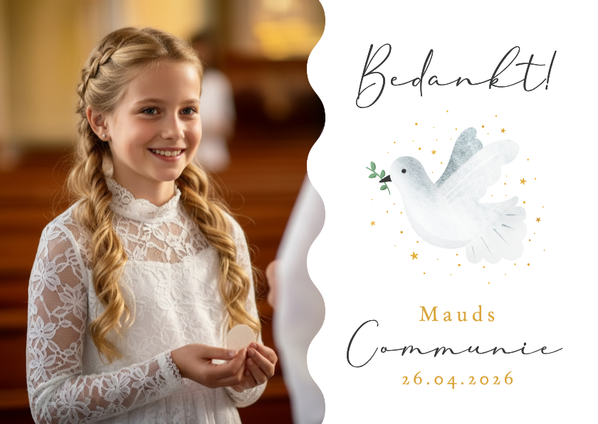 Communiekaarten - Communie bedankkaart met foto en duifje