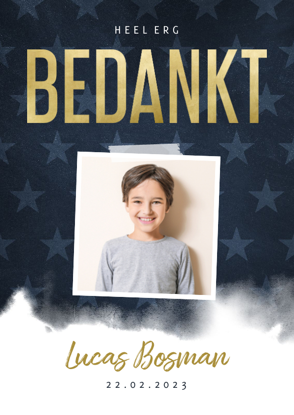 Communie bedankkaart stoer waterverf blauw met sterren - Communiekaarten Communiekaarten - Communie bedankkaart stoer waterverf blauw met sterren
