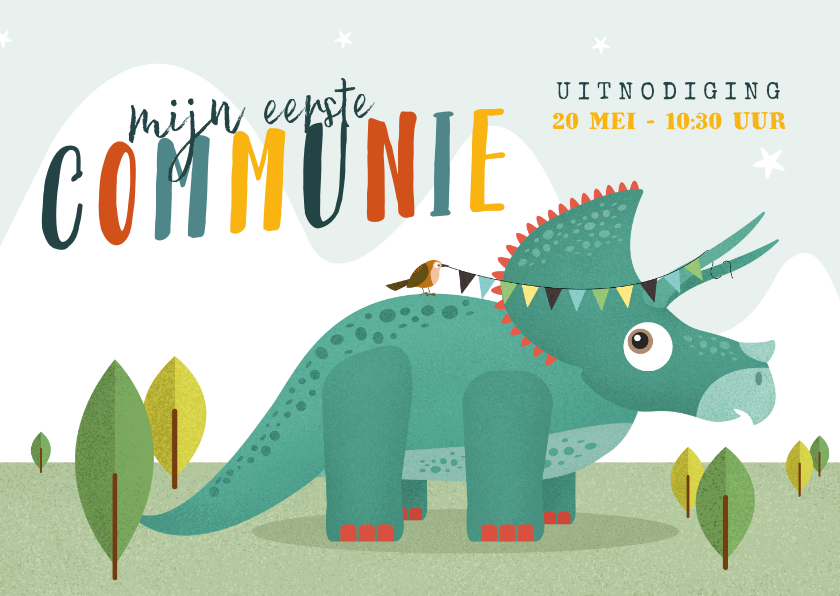 Communie dino triceratops vogel slinger - Communiekaarten Communiekaarten - Communie dino triceratops vogel slinger