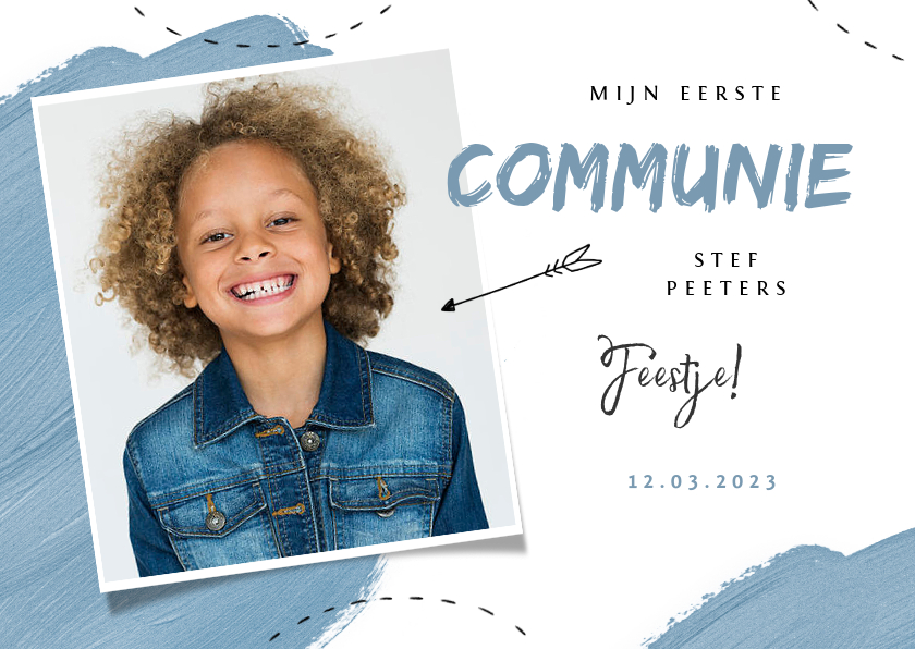 Communie feest uitnodiging blauw verf pijltje foto - Communiekaarten Communiekaarten - Communie feest uitnodiging blauw verf pijltje foto