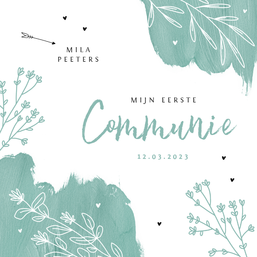 Communie feest uitnodiging verf bloemen hartjes lentefeest - Communiekaarten Communiekaarten - Communie feest uitnodiging verf bloemen hartjes lentefeest