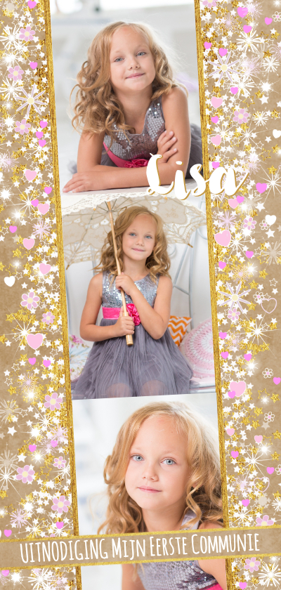 Communiekaarten - Communie fleurige stijlvolle uitnodiging kraft en hartjes