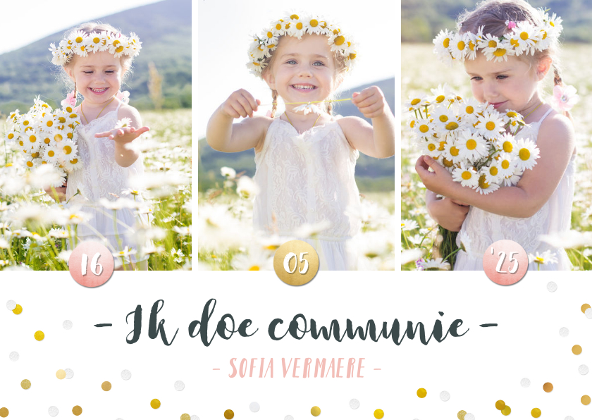 Communiekaarten - Communie fotocollage kaart meisje met goudlook confetti