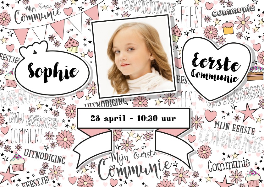 Communie hippe uitnodiging met foto in handlettering-stijl - Communiekaarten Communiekaarten - Communie hippe uitnodiging met foto in handlettering-stijl
