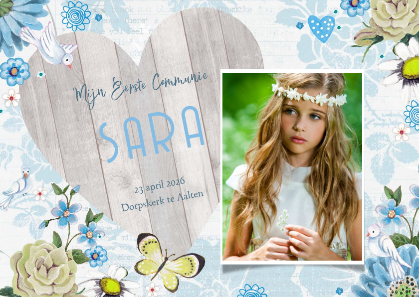 Communiekaarten - Communie Hout hart Bloemen