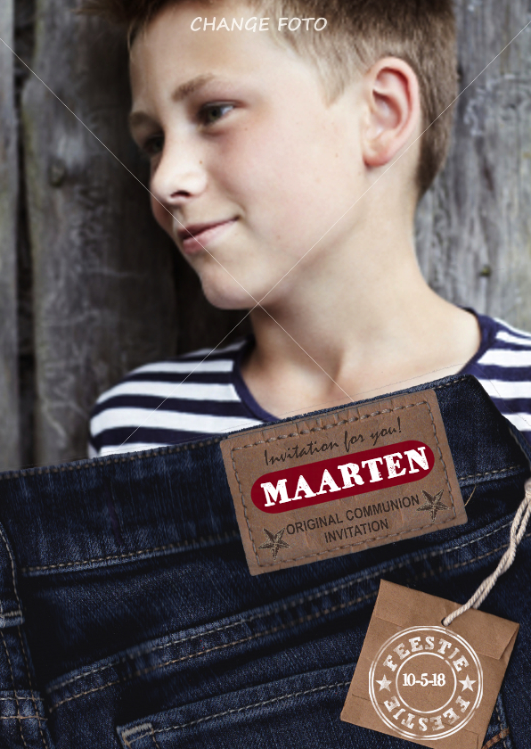 Communie JEANS stoer Jongen Foto - Communiekaarten Communiekaarten - Communie JEANS stoer Jongen Foto