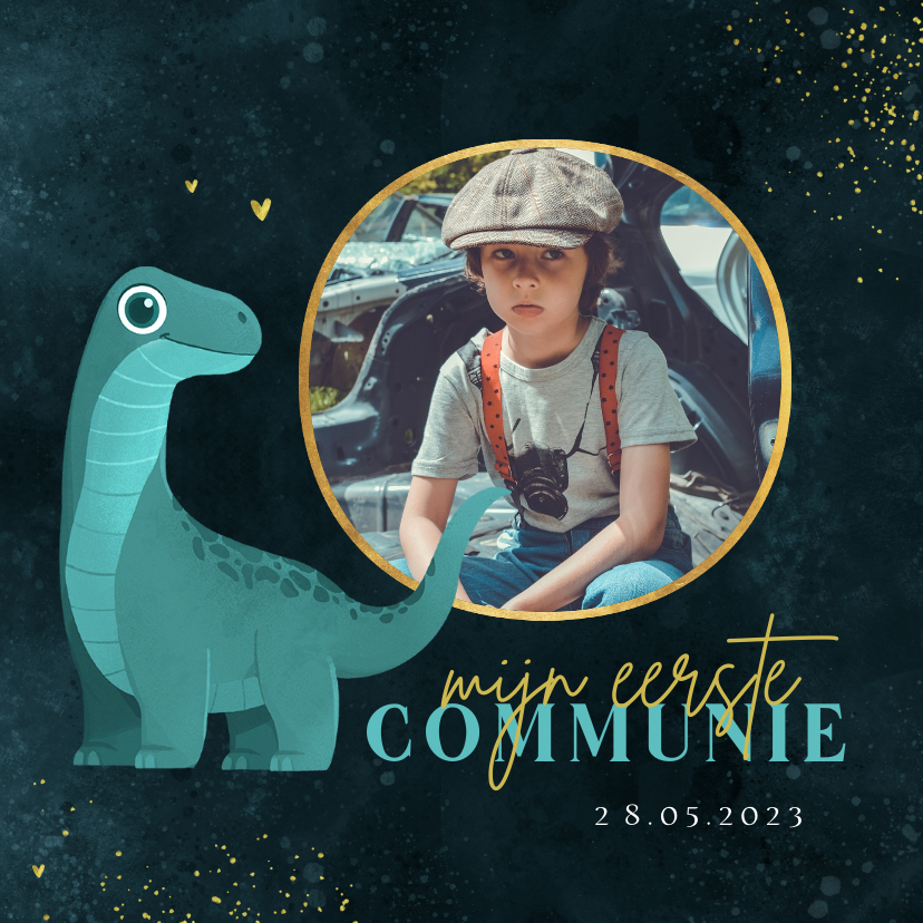 Communiekaarten - Communie jongen dino Brontosaurus goud hartjes