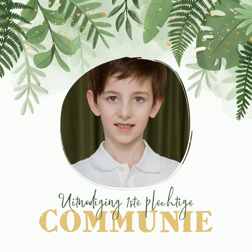 Communiekaarten - Communie jongen jungle goud hartjes illustratie