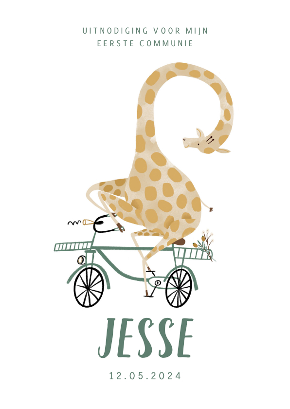 Communiekaarten - Communie kaartje giraf op de fiets illustratie