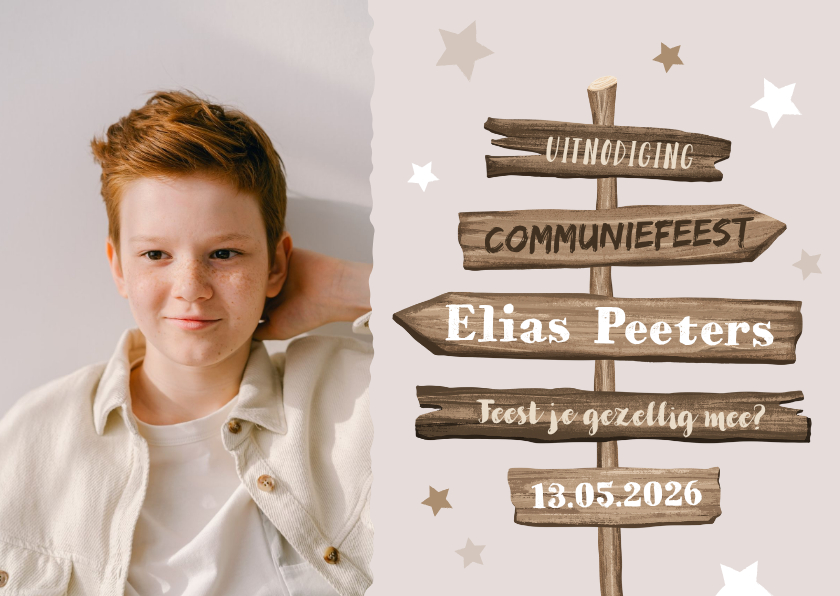 Communie lentefeest stoer uitnodiging wegwijzers hout ster - Communiekaarten Communiekaarten - Communie lentefeest stoer uitnodiging wegwijzers hout ster