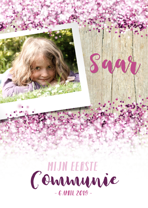 Communie lentefeest vormsel glitter eigen foto roze - Communiekaarten Communiekaarten - Communie lentefeest vormsel glitter eigen foto roze