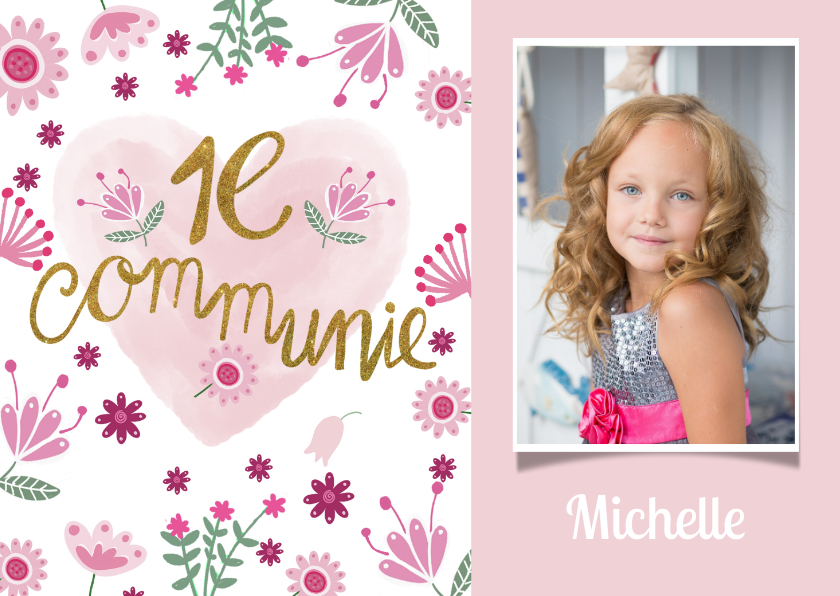 Communiekaarten - Communie meisje roze hart
