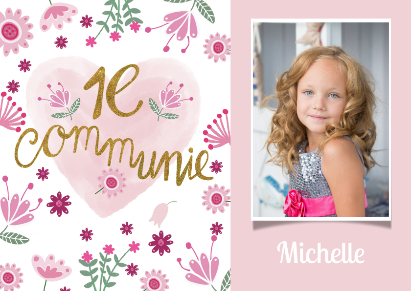 Communie meisje roze hart - Communiekaarten Communiekaarten - Communie meisje roze hart