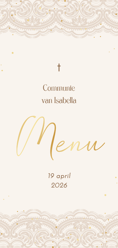 Communiekaarten - Communie menukaart beige kant met gouden spettertjes