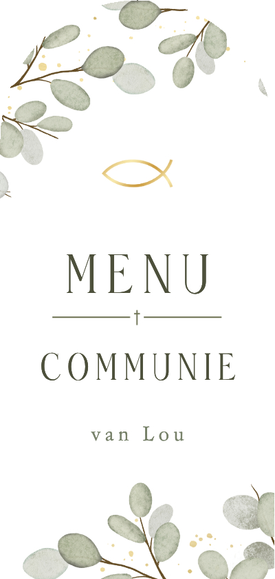 Communiekaarten - Communie menukaart eucalyptus langwerpige boogvorm