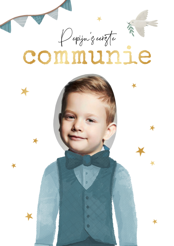 Communiekaarten - Communie outfit illustratie uitnodiging jongen kerk foto