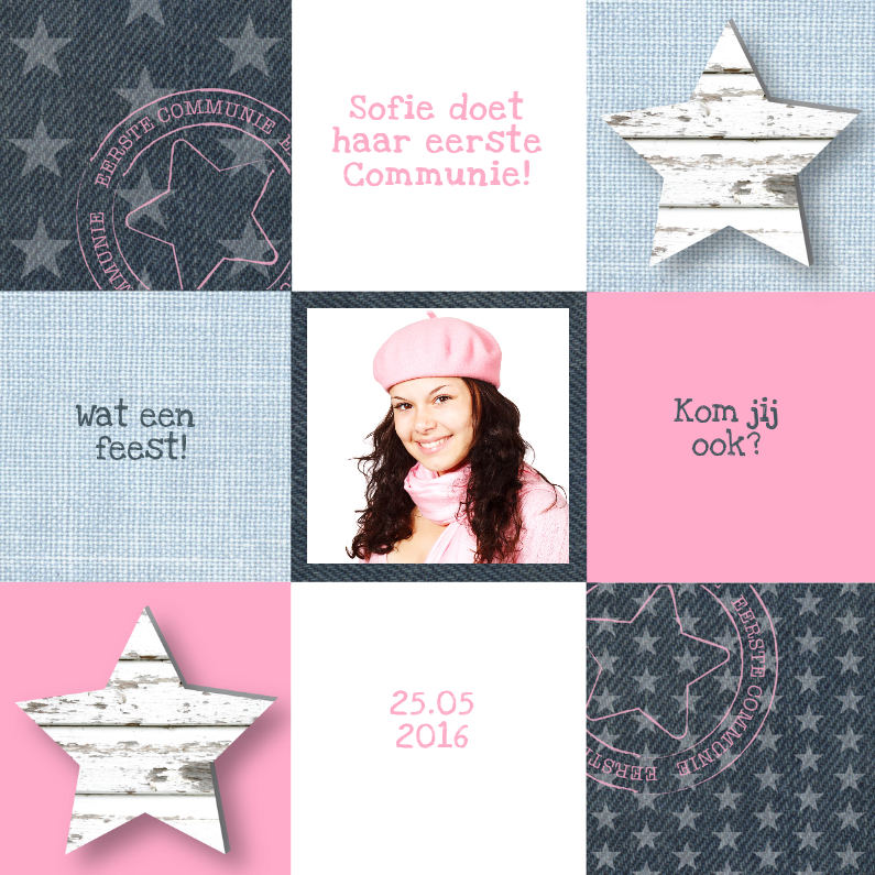 Communie Pink&Blue Stars Girl - Communiekaarten Communiekaarten - Communie Pink&Blue Stars Girl