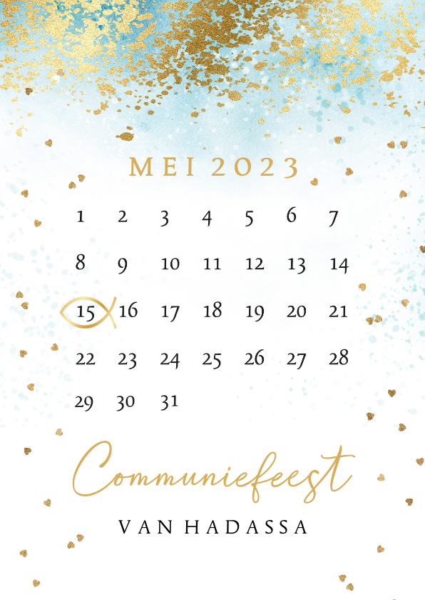 Communiekaarten - Communie save the date kaart waterverf kalender goud