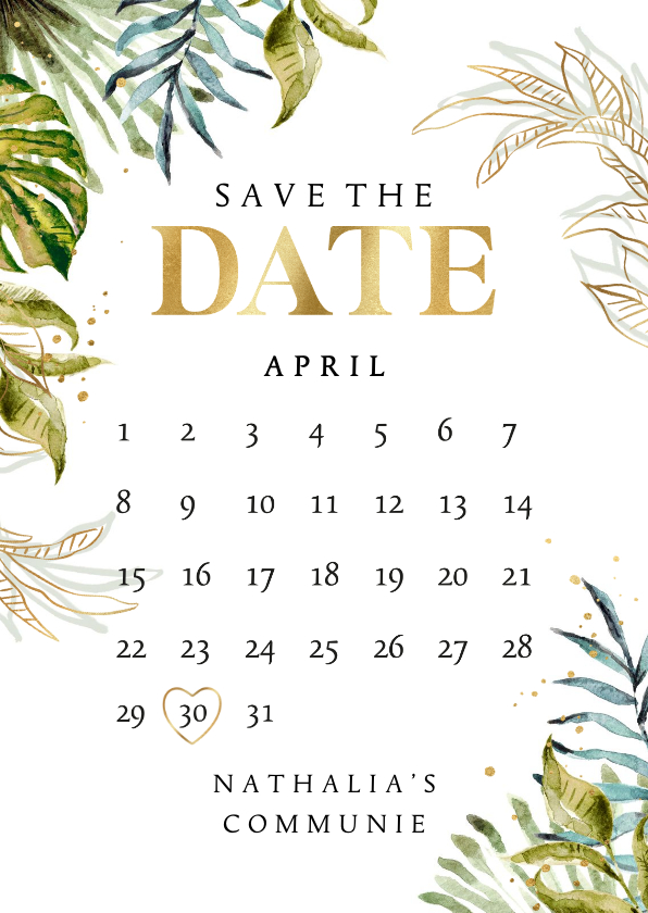 Communiekaarten - Communie save the date kalender botanisch watercolour goud