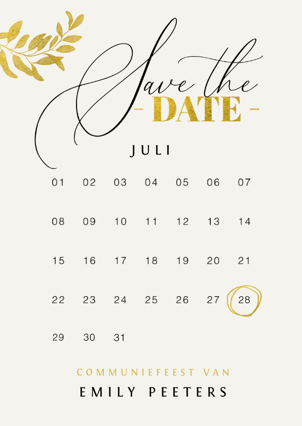 Communie save the date uitnodiging meisje goud bladeren verf - Communiekaarten Communiekaarten - Communie save the date uitnodiging meisje goud bladeren verf