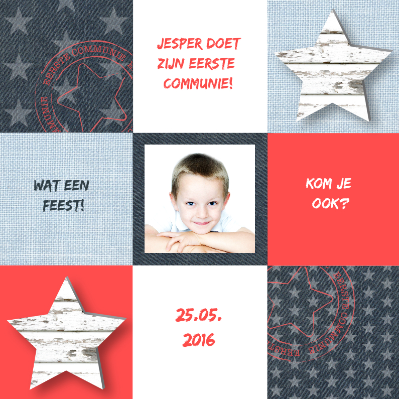 Communie Sterren Vakjes Jongen - Communiekaarten Communiekaarten - Communie Sterren Vakjes Jongen