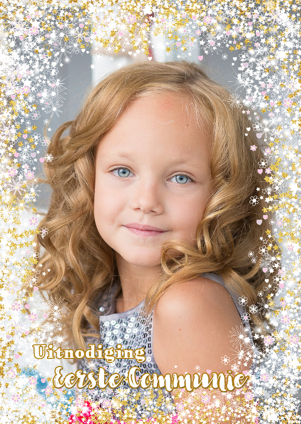 Communie stijlvolle fotokaart met hartjes en bloemen - Communiekaarten Communiekaarten - Communie stijlvolle fotokaart met hartjes en bloemen