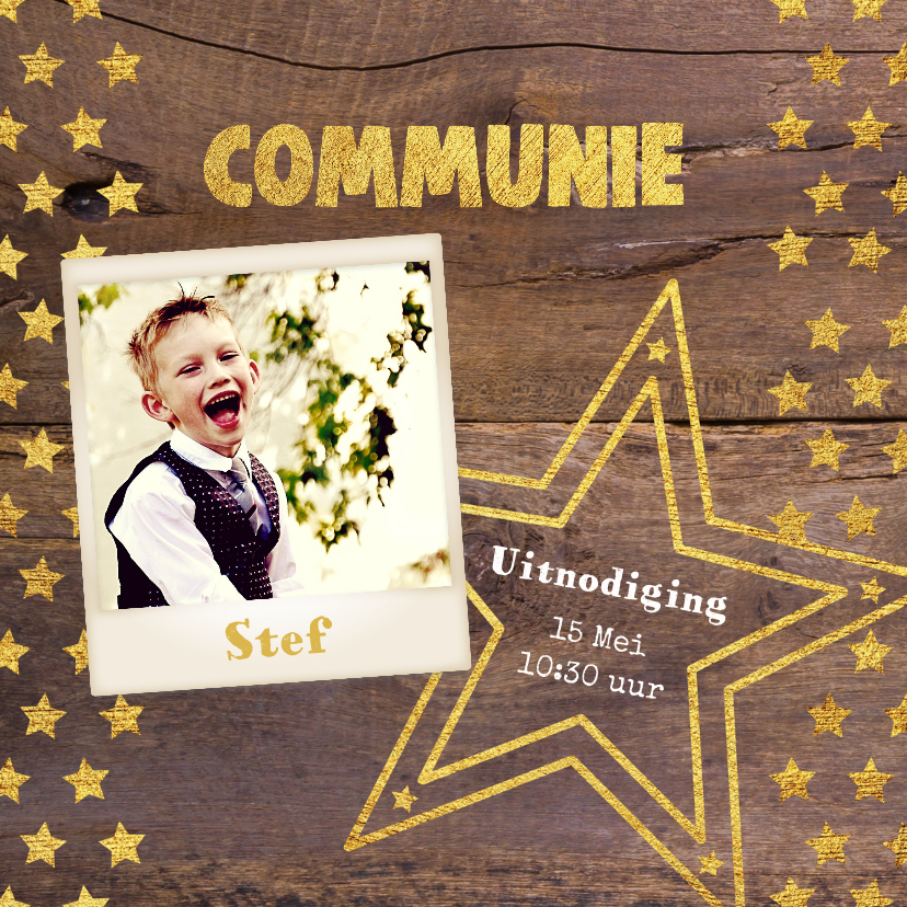 Communie stoere fotokaart hout en sterren - Communiekaarten Communiekaarten - Communie stoere fotokaart hout en sterren