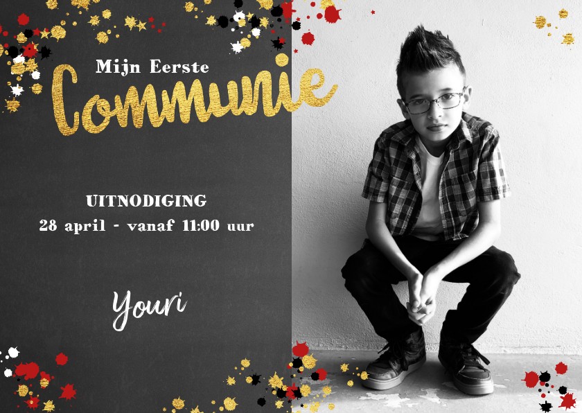 Communie stoere fotokaart krijtbord en verf spatten - Communiekaarten Communiekaarten - Communie stoere fotokaart krijtbord en verf spatten