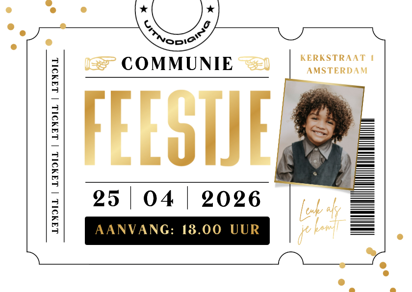 Communie ticket stoer confetti goud foto feestje - Communiekaarten Communiekaarten - Communie ticket stoer confetti goud foto feestje