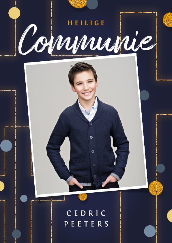 Communie uitnodiging christelijk goud confetti foto - Communiekaarten Communiekaarten - Communie uitnodiging christelijk goud confetti foto
