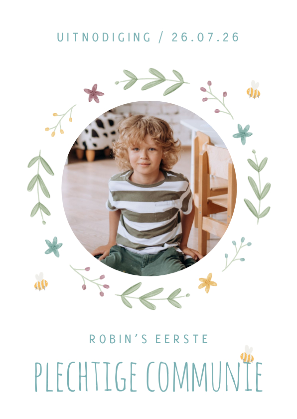 Communie uitnodiging cirkel van bloemetjes en takjes - Communiekaarten Communiekaarten - Communie uitnodiging cirkel van bloemetjes en takjes