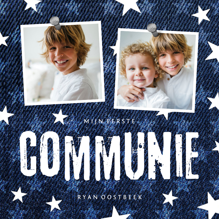 Communie uitnodiging denim stoer met sterren - Communiekaarten Communiekaarten - Communie uitnodiging denim stoer met sterren