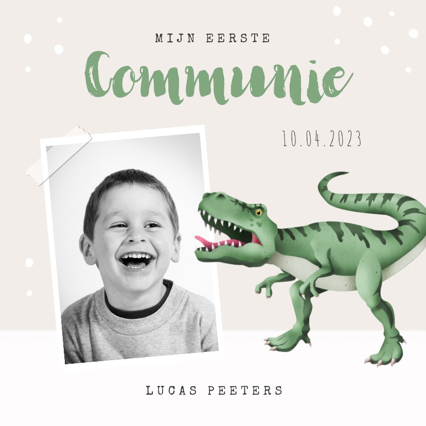 Communie uitnodiging dino t-rex foto - Communiekaarten Communiekaarten - Communie uitnodiging dino t-rex foto