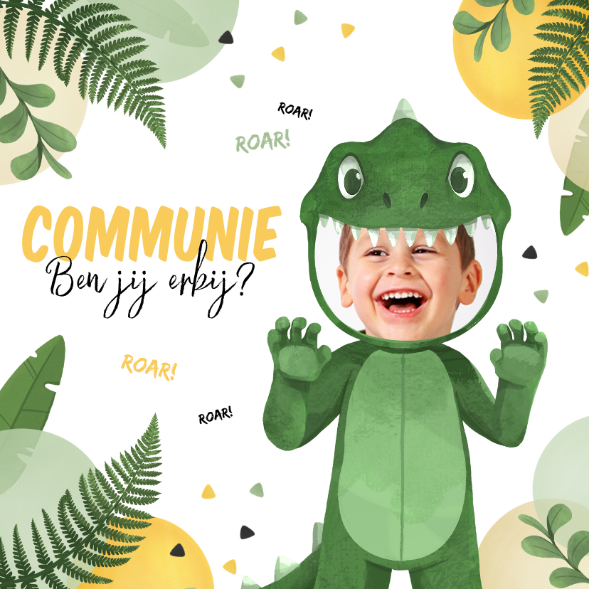 Communiekaarten - Communie uitnodiging dinosaurus kostuum stoer jungle