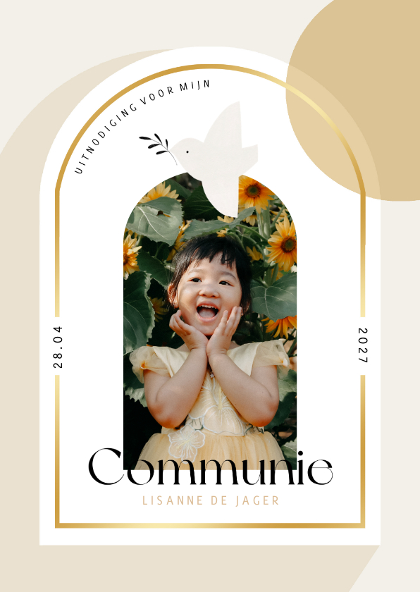 Communie uitnodiging duifje boog ronde vormen en foto - Communiekaarten Communiekaarten - Communie uitnodiging duifje boog ronde vormen en foto