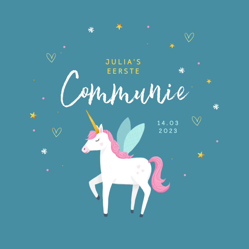Communie uitnodiging eenhoorn unicorn goud blauw - Communiekaarten Communiekaarten - Communie uitnodiging eenhoorn unicorn goud blauw