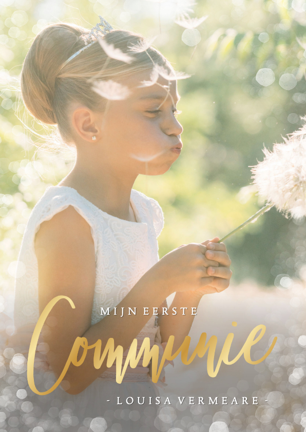 Communie uitnodiging fotokaart met gouden letters - Communiekaarten Communiekaarten - Communie uitnodiging fotokaart met gouden letters